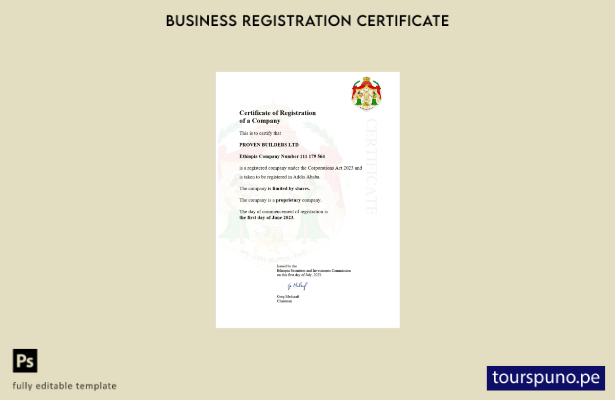 listo para imprimir Plantilla de certificado de registro de Etiopía Plantilla de